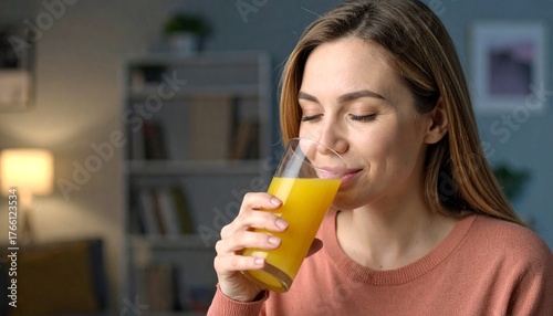 Mid adult woman drinking fresh juice with her eyes closed at home.