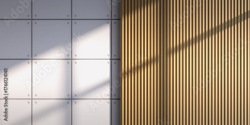 Modern Interior Wall Textures Background: Industrial Concrete Panels with Bolts and Vertical Wood Slats with Sunlight Shadows for Minimalist Decor, Architectural Renderings & Product Display Mockups