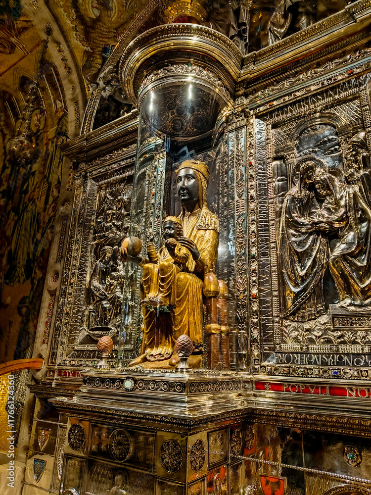 Obraz premium Montserrat, Spain, May 28, 2025, Lady of Montserrat statue also known as the Madonna and child and La Morenera.