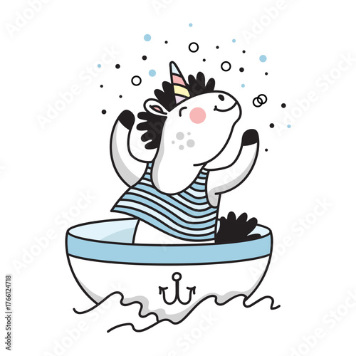 Cute unicorn with a balloons colored vector doodle illustration