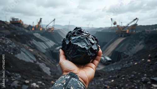 Holding a chunk of coal against a gritty mining landscape, symbolizing energy production and resource extraction in a modern industrial context