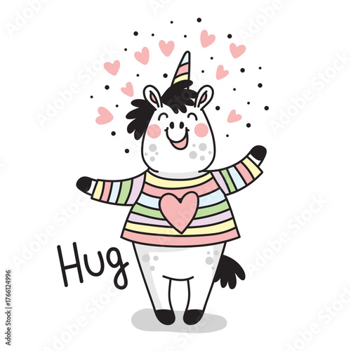 Cute unicorn unicorn wants to hug coloring vector illustration