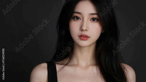 A Japanese woman with long hair wearing a black dress. Generative AI