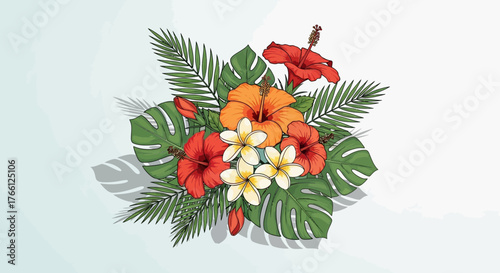 Exotic floral arrangement featuring hibiscus and plumeria with tropical foliage