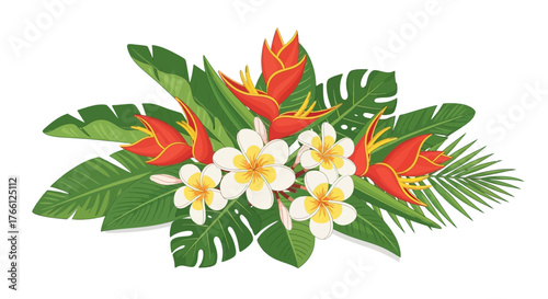Exotic floral arrangement featuring plumeria and heliconia with tropical leaves