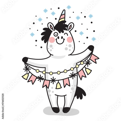 Cute unicorn with a Christmas garland vector illustration