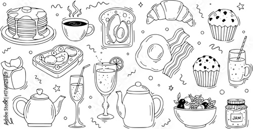 Hand-drawn brunch doodles with breakfast foods and drinks in black and white