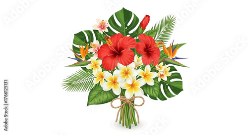 Exotic Hawaiian floral arrangement with vibrant hibiscus and plumeria bloom