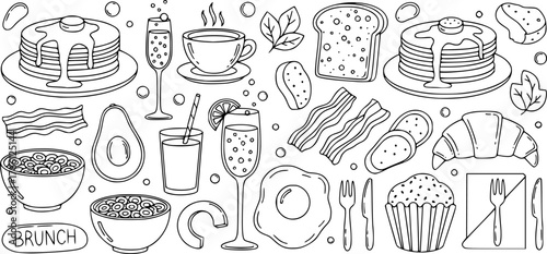 Hand-drawn brunch doodles with breakfast foods and drinks in black and white