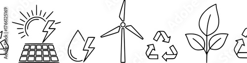 Renewable energy icons featuring solar, wind, and eco elements in linear style