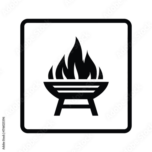 A black barbecue grill emits flames inside a square over white background