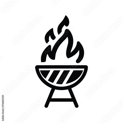 Black barbeque grill with flame icon shown on a white background perfectly