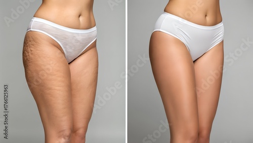 Before and after cellulite treatment – realistic legs skin improvement comparison