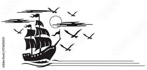 Pirate boat view with flag flying, clouds and seabirds. Sailing sail vector, traditional seafaring symbol, striking vector illustration. Black silhouette