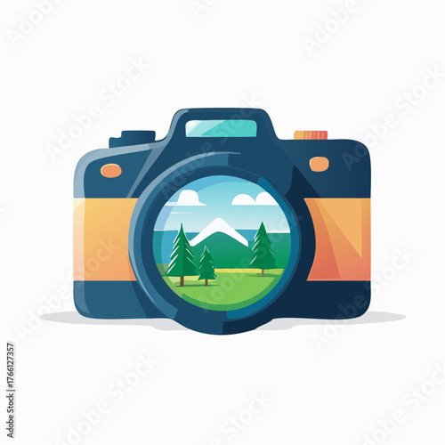 Conceptual camera illustration featuring a picturesque nature scene within the lens