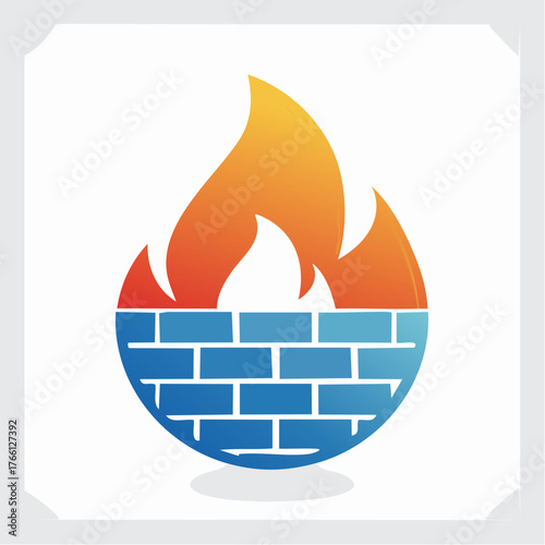 Conceptual firewall emblem depicting security with a blazing brick construction