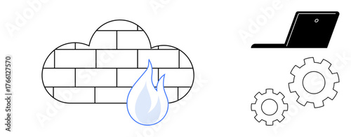 Cloud-shaped brick firewall with flame, laptop, and gear icons signify cybersecurity, strategy, data security, IT operations, innovation, digital infrastructure and workflow efficiency. Simple flat