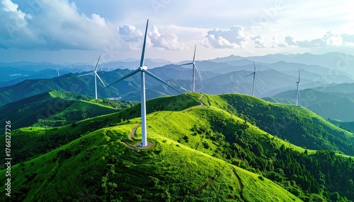 Renewable Energy Wind Turbines on Lush Green Hills Under a Dramatic Cloudy Sky with Sunlight Rays