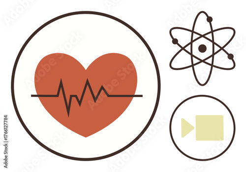 Heart graphic with pulse line, atom model symbolizing science, and video play button. Ideal for healthcare, fitness, digital health, science, media, technology education themes simple flat metaphor