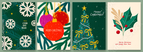 Set of Christmas and New Year 2026 art cards in a modern hand-drawn style. This vector collection features a Christmas tree, balls, leaves, and snowflakes for cover design, banners, and packaging.