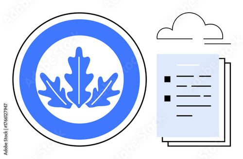 Blue leaf emblem inside a circle next to a cloud icon and stacked document representation. Ideal for sustainability, environment, progress, data storage, documentation, nature, simple flat metaphor