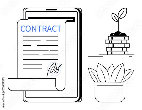 Tablet displaying signed contract with sprouting plant symbolizing growth, stacked coins, and potted plant. Ideal for business, partnership, environment, sustainability, eco-investment, finance