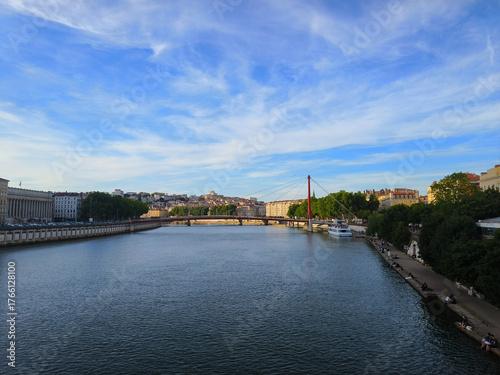 Lyon, France, May 29, 2025, View of the Rhone River and its embankment, waterfront Blue Sky
