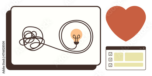 Tangled wire forming light bulb, heart icon, and checklist panel represent creative process, problem-solving, planning, innovation, teamwork, organization and passion. Ideal for simple flat metaphor