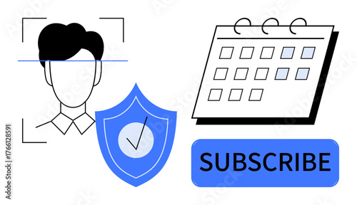 Portrait scanning, shield with checkmark, calendar, and subscribe button highlight security, subscription plans, reliability, service trust, technology identity protection and commitment. Simple