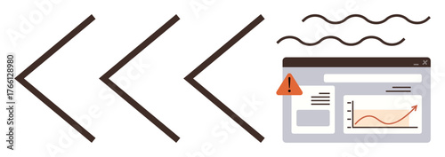 Three arrows pointing toward a browser screen with a warning sign, analytics graph, and text content. Ideal for data analysis, error monitoring, system alerts, web security, notifications, risk