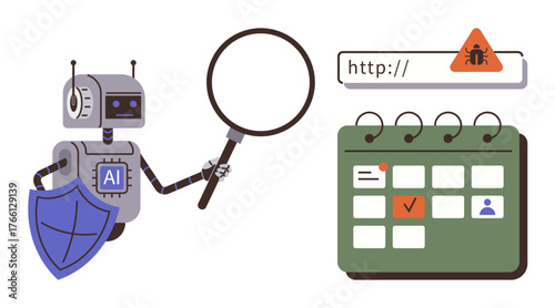 Robot holding magnifying glass investigating website issues with alert symbol, calendar marked for a task. Ideal for technology, cybersecurity, task management, AI, online safety, research, simple