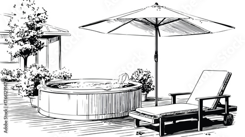 Relaxing Hot Tub Scene with Umbrella and Chair in Backyard