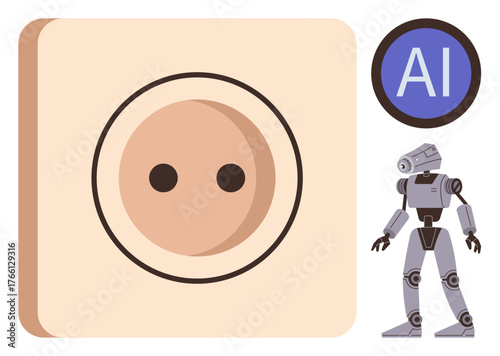 Robot standing near electric socket and AI label representing technology, automation, and machine learning. Ideal for innovation, energy, robotics, technology, digital transformation, AI automation