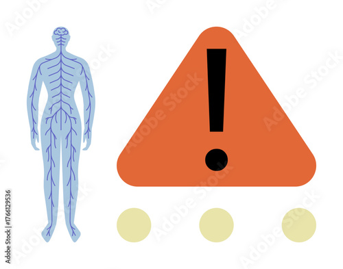 Human nervous system diagram beside a warning sign emphasizing health concerns or potential risks. Ideal for medical education, anatomy, neurology, healthcare, alerts, public health, simple flat