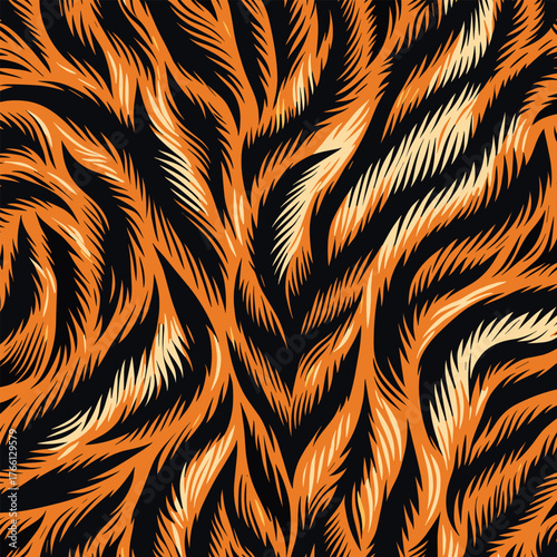 Wild tiger skin vectand illustration with textured striped fur, suitable fand artistic wallpaper backgrounds, fabric prints, and tiled surfaces.