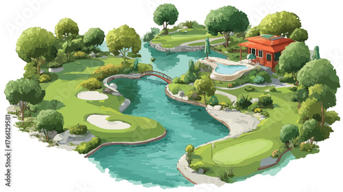 Serene Golf Course Landscape with Pool and Hole