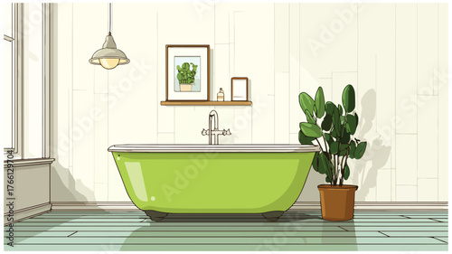Luxurious Green Bathtub with Lush Plant - Bathroom Interior Design Inspiration