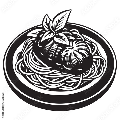 A delectable plate of spaghetti with a rich tomato sauce and fresh basil leaves, isolated on white background, showcasing the simplicity and elegance of italian cuisine in a minimalist style