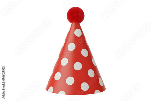 Red party hat with white polka dots, celebrating a festive occasion with joyful cheer.