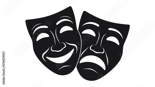 Dramatic masks represent comedy and tragedy, showcasing the duality of theatrical performance.