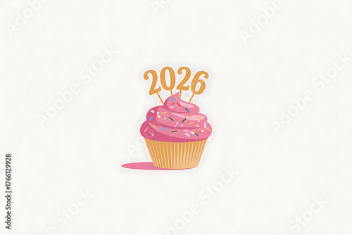 Festive cupcake with pink frosting and sprinkles, topped with 