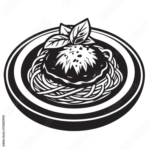 Illustration of a plate of spaghetti with tomato sauce and basil, isolated on white background, showcasing a classic italian dish with a simple yet elegant presentation in black and white