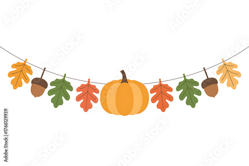 Autumnal garland with pumpkins, acorns, and colorful leaves, evoking harvest and seasonal festivities.