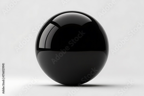 Sleek, reflective black sphere against a stark white background, showcasing smooth curves and a glossy surface.