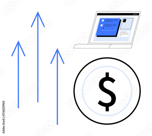 Blue upward arrows, dollar sign in a circle, and laptop screen suggest revenue growth, digital innovation, investment, career progress, strategy building, e-commerce, simple flat metaphor