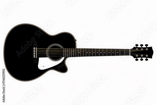 A sleek, black acoustic guitar with a white pickguard, ready for musical expression.