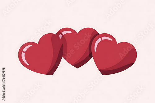 Three glossy red hearts overlap, symbolizing affection, love, and connection in a vibrant display.