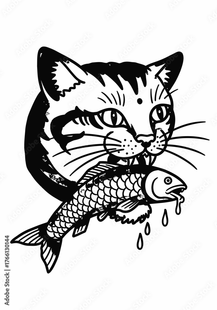 Fototapeta premium Black & White Folk Art, Cat Head Biting Fish, Dripping, Traditional Tattoo Style
