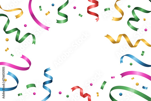 Colorful streamers and confetti swirl playfully, creating a festive and celebratory atmosphere.