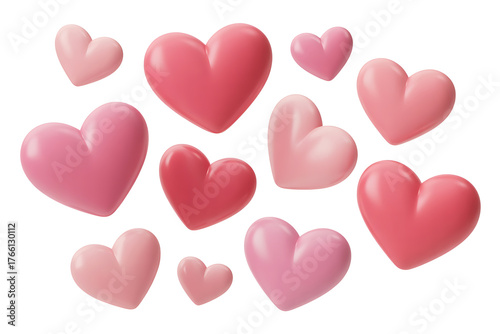 A collection of pink and red 3D hearts floats, conveying affection and love.